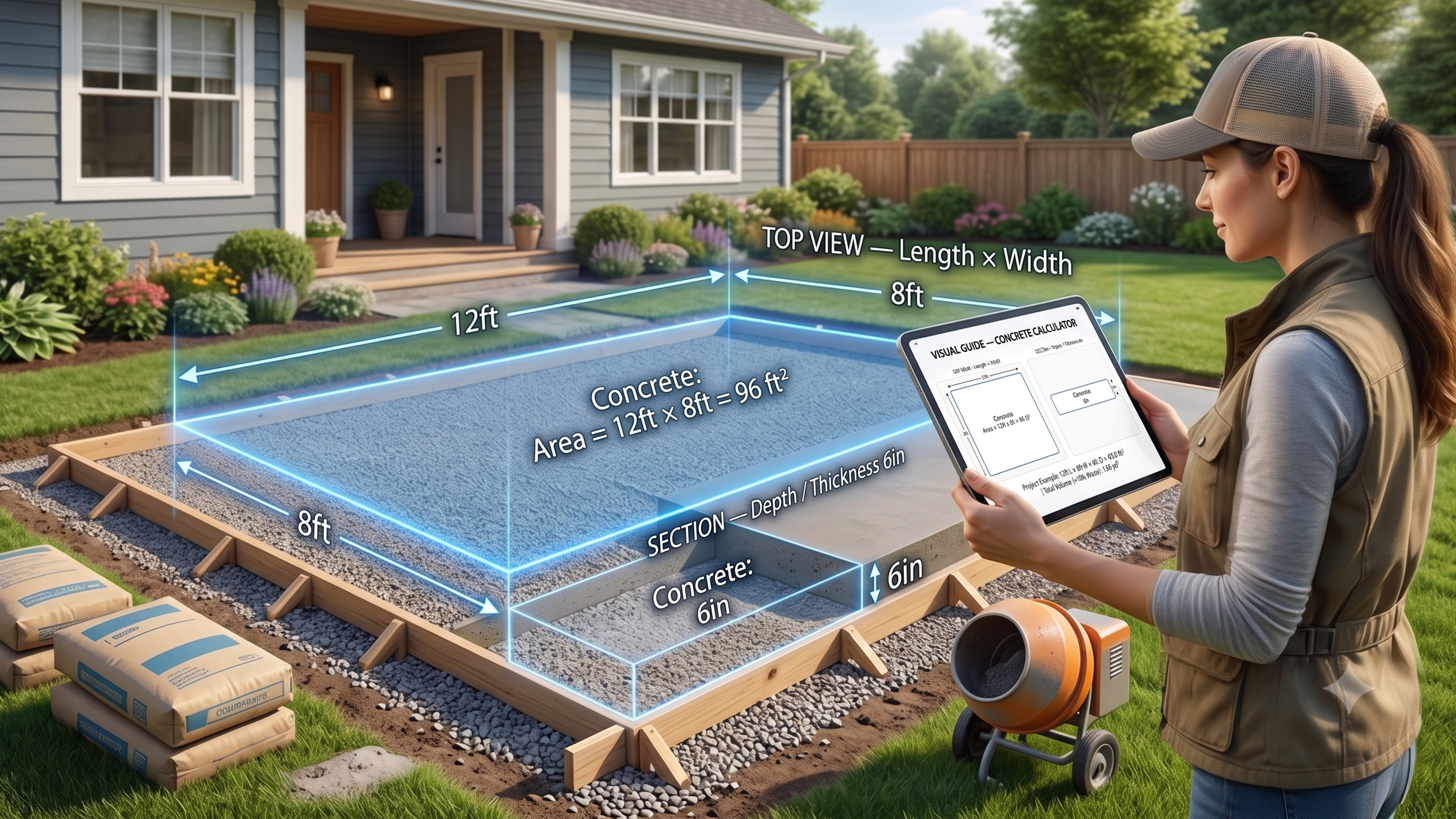 Concrete Calculator photorealistic 4K — TOP VIEW Length 12ft × Width 8ft =96 ft², SECTION Depth 6in, modern house with concrete slab formwork, woman with tablet showing Visual Guide