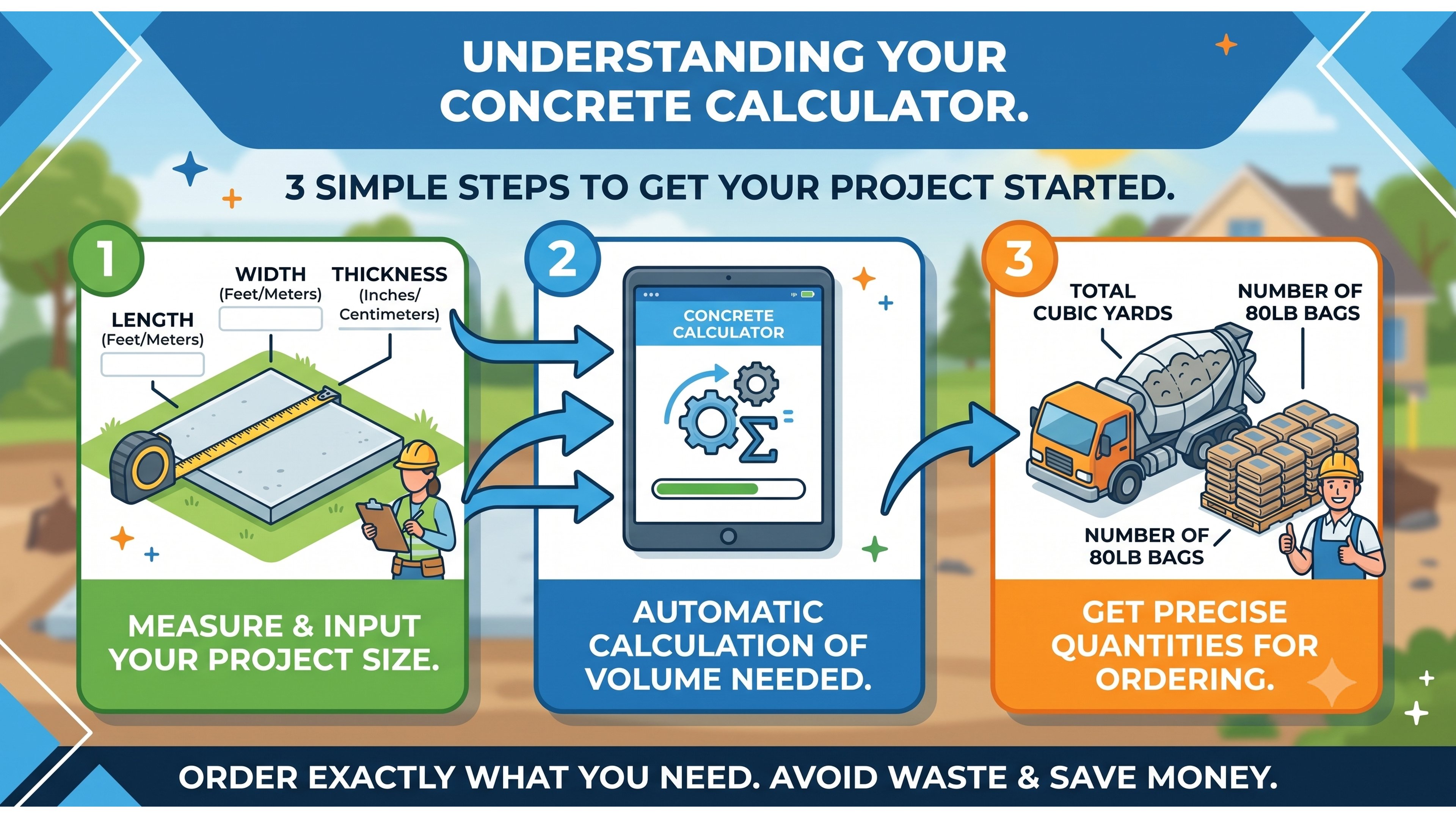 Understanding Your Concrete Calculator — 3 simple steps: 1 Measure & Input your project size, 2 Automatic calculation of volume needed, 3 Get precise quantities for ordering